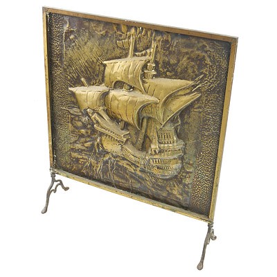 Vintage Pressed Copper Firescreen with Ship Motif