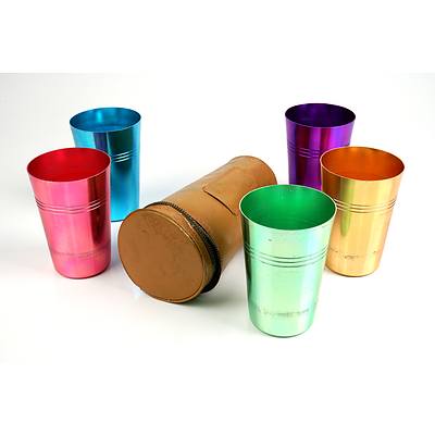 Five Vintage Anodised Drinking Cups with Vinyl Travel Case