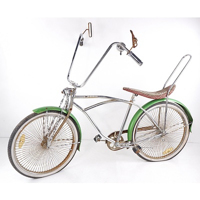 Retro Style Low Rider Dragster Style Bicycle with Heavily Spoked Wheels and Back Rest