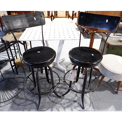 Pair Of Industrial Style Metal And Timber Adjustable Stools