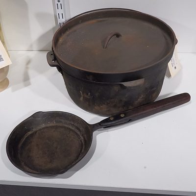 Vintage Cast Iron Dutch Oven with Lid and a Long Handled Skillet (2)