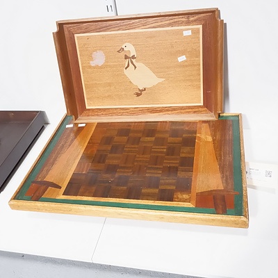 Vintage Wooden Tray table with Chessboard Top and a Smaller Wooden Serving Tray (2)