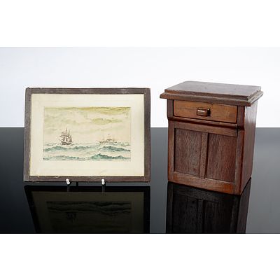 Vintage Money Box in the Form of a Cedar Sideboard and a Small Antique Maritime Watercolour Signed Lower Left (2)
