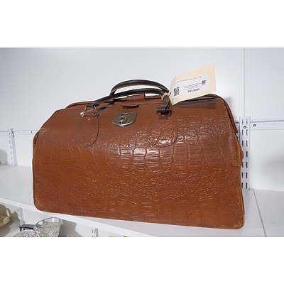 Vintage Crocodile Embossed Leather Gladstone Bag with Later Replacement Handles