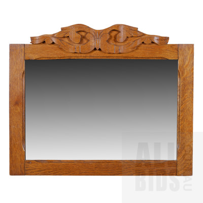 Antique Oak Framed Wall Mirror with Carved Decorations