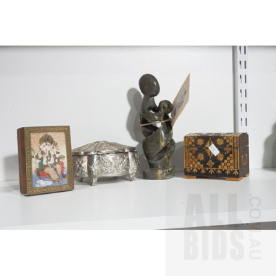 Small Shona Stone Stauette, Silverplate Trinket Box and Two Decorated Wooden Trinket Boxes (4)