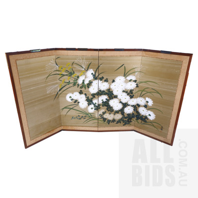 Vintage Asian Four Panel Folding Screen with hand Painted Floral Decoration