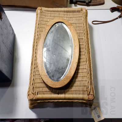 Vintage Woven Cane Breakfast Table and a Small Maple Framed Oval Mirror (2)