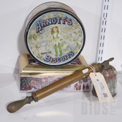 Vintage Arnott's Biscuit Tin, Vintage Schmidt Biscuit Tin, and Copper Sprayer (3)
