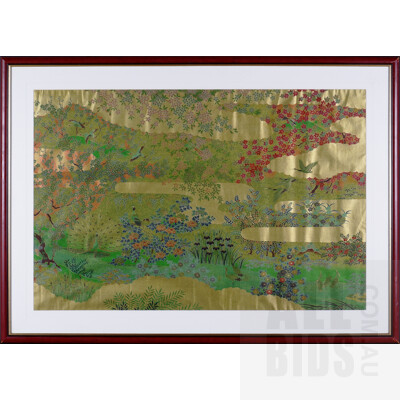 Framed Japanese Textile Depicting Cranes and Cherry Blossoms