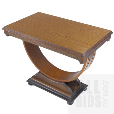 Art Deco Style Coffee Table with Horseshoe Base, Laminex Top and Carved Decoration