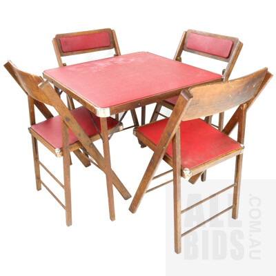Vintage Folding Card Table with Red Vinyl Top and Four Matching Folding