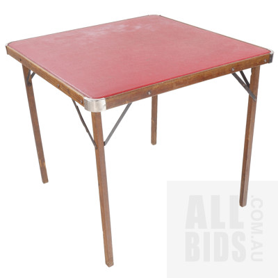 Vintage Folding Card Table with Red Vinyl Top and Four Matching Folding