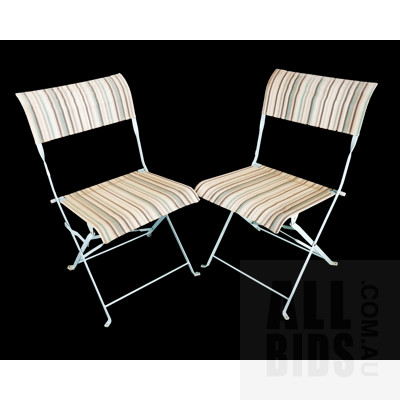 Pair Metal Folding Garden Chairs with Striped Upholstery