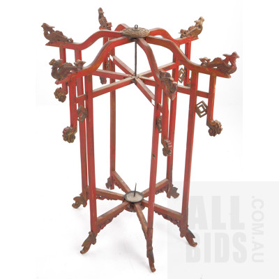 Vintage Chinese Red Lacquer and Gilt Hanging Lantern with Phoenix Finials