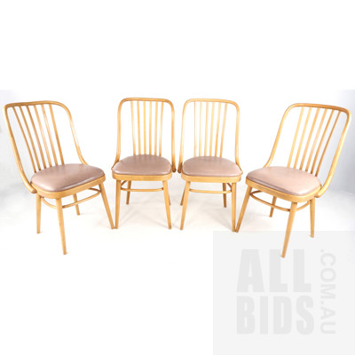 Four Czechoslovakia Bentwood Dining Chairs with Pink Vinyl Upholstery
