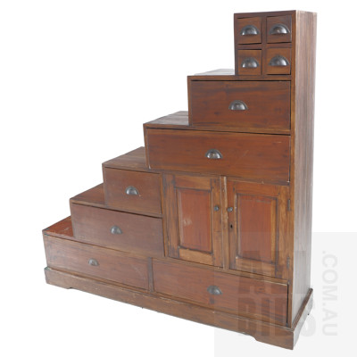 Mahogany Step Storage Cabinet with Ten Drawers and Two Doors