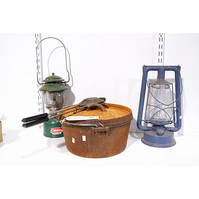 Vintage Campfire Cast Iron 9 Qt camp Oven, Toasta Jaffle Iron and Tweo Kerosene Lanterns including Chalwyn