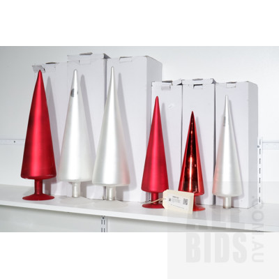 Six Vue Glass Decorative Christmas Trees in Original Boxes, Three 45cm and Three 35cm