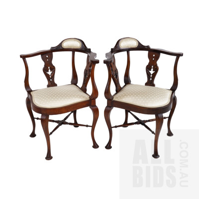 Pair of Vintage Walnut Corner Chairs with Brocade Upholstery