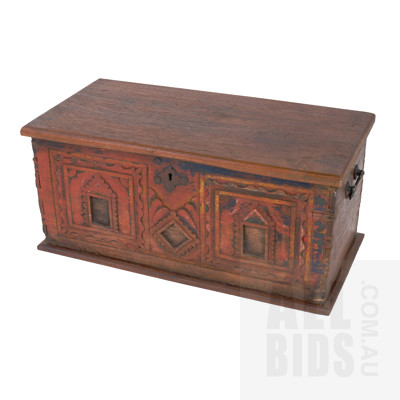 Indian Teak and Lacquer Trunk with Carved Architectural Facade