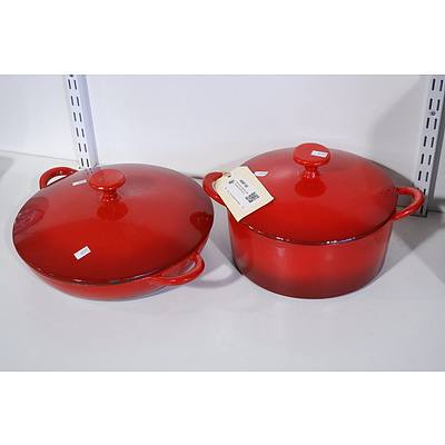 Red Enamel Cast Iron Lidded Casserole and Pan (2)