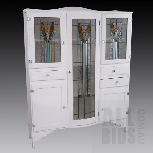 Vintage Art Deco White Painted Kitchen Cabinet with Lead Light Glass Panels
