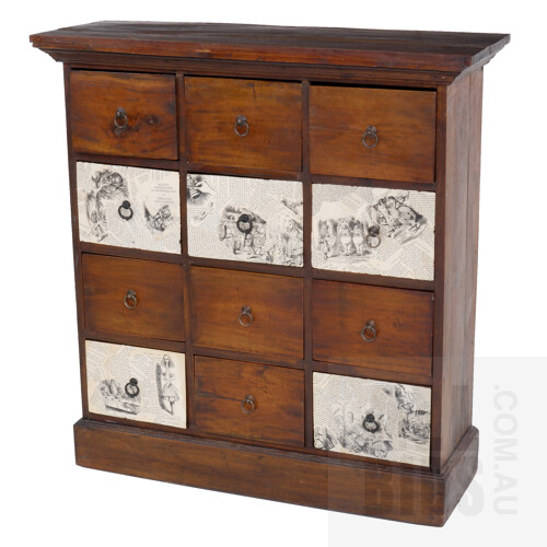 Contemporary Indian Sheesham Curio Cabinet with Collaged Newspaper Drawers
