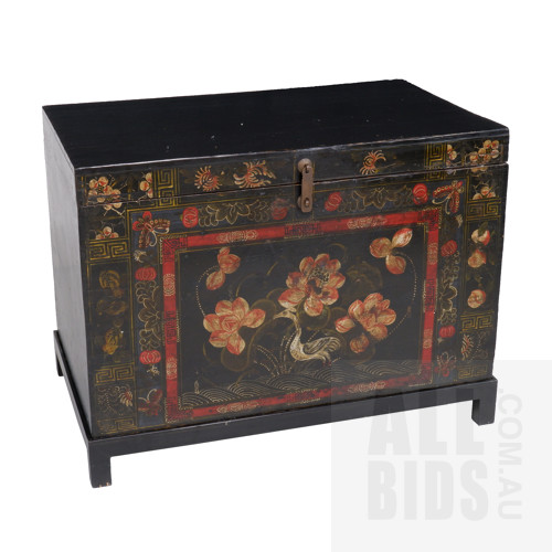 Contemporary Asian Lacquered and Hand Painted Chest with Stand