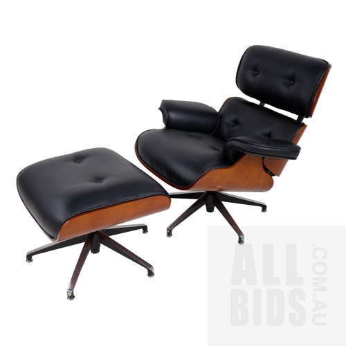 Replica Eames Lounge Chair and Ottoman with Black Vinyl Upholstery