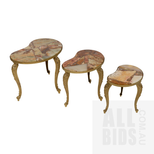 Nest of Vintage 'Glam' Gold Finish Cast Alloy Tables with Onyx and Crushed Stone Embedded Clear Resin Tops (3)