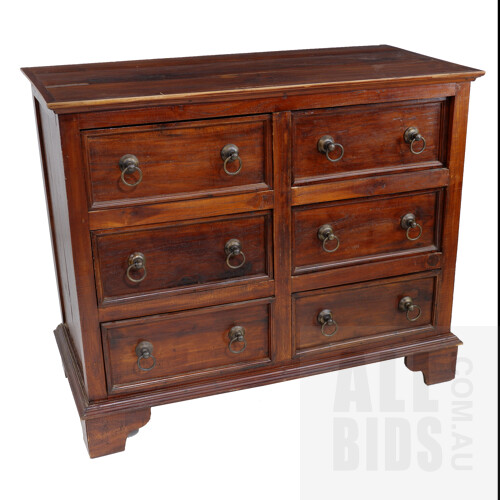 Rustic Heritage Style Stained Mangowood Chest of Six Drawers with Solid Brass Drop-Ring Handles, Modern