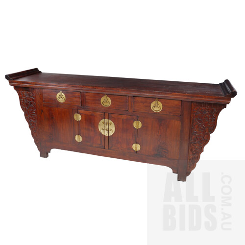 Long Chinese Style Carved and Stained Wood Altar Cabinet with Brass Hardware, Modern