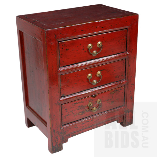 Chinese Style 'Distressed' Red Lacquer Chest of Three Drawers with Brass Handles, Modern