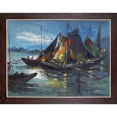 M. Batu (20th Century), Untitled (Evening Harbour Scene) 1964, Oil on Canvas