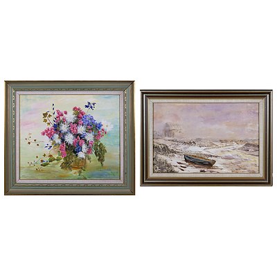 Ogilvy (20th Century), Two Oil on Board Paintings, Floral Still Life and Cottage with Boat, largest 47 x 56 cm