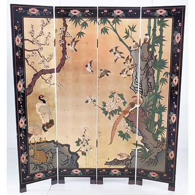 Vintage Oriental Four Panel Lacquered and Decorated Screen