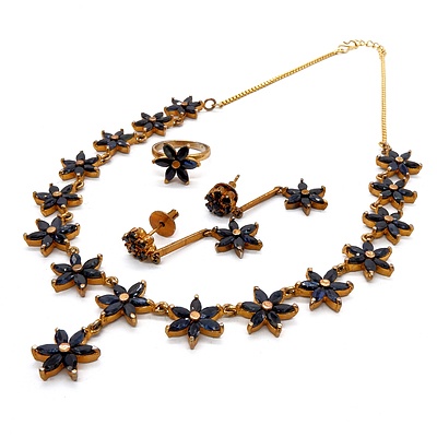 Asian Gold Plated Necklace with Natural Dark Blue Marquise Cut Sapphires in Flower Clusters with Matching Drop Earrings and Ring
