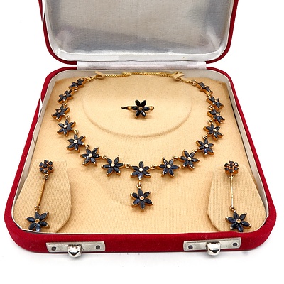 Asian Gold Plated Necklace with Natural Dark Blue Marquise Cut Sapphires in Flower Clusters with Matching Drop Earrings and Ring