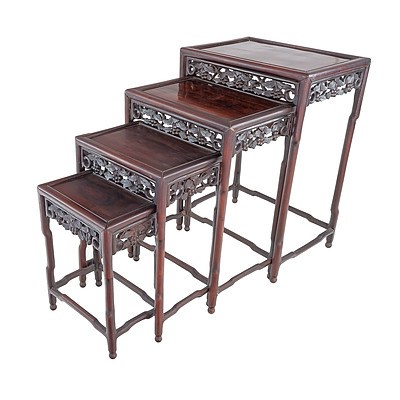 Chinese Rosewood Nest of Four Tables with Carved Decoration