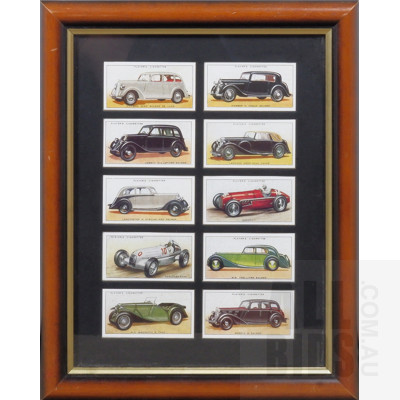 Set of Ten John Player & Sons Motorcar Cigarette Cards in Double Sided Frame