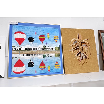 Hand Crafted Fabric Artwork of Balloons Over Parliament House and Another Vintage Textile Artwork