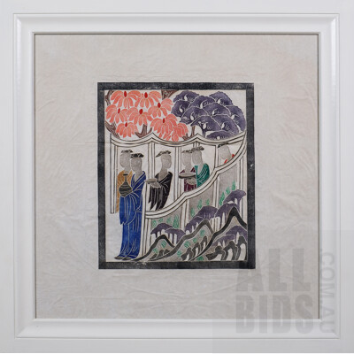 A Framed Chinese Hand-Coloured Woodblock Print