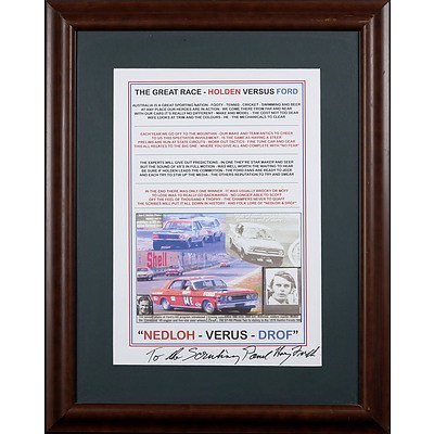 Framed Poster 'The Great Race - Holden Vs Ford' -With hand Written Inscription