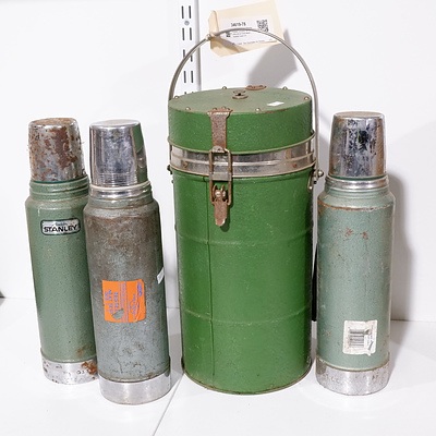 Three Vintage Metal Thermos Bottles including Two Stanley and an Early Metal Insulated Cooler (4)