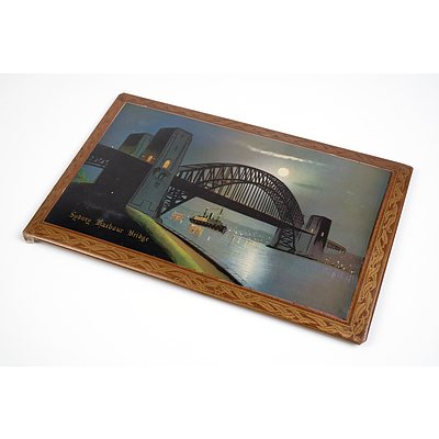 Vintage Sydney Harbour Bridge Souvenir Scene Transfer Printed onto Brass Frame