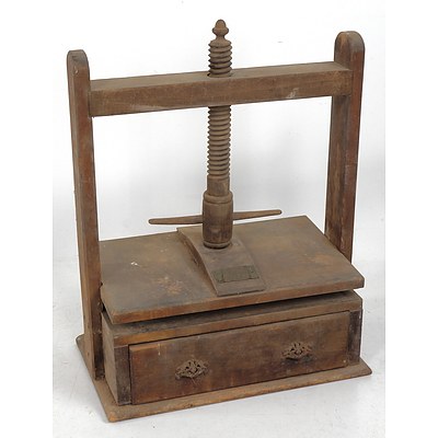 Antique F. Lassetter & Co Sydney Wooden Hand Operated Screw Press with Manufacturers Label and Single Drawer Circa 1900
