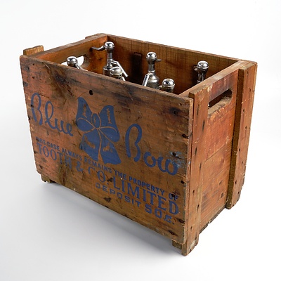 Vintage Tooth & Co 'Blue Bow' Timber Crate with Six Proprietary Soda Siphons