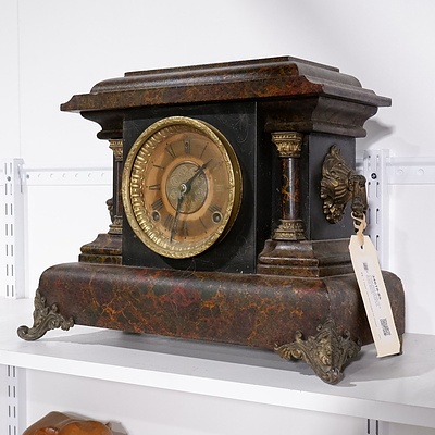 Vintage Welch Mantle Clock in French Antique Style with faux Marble Finish and Ormolu Mounts
