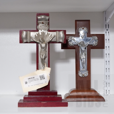 Two Vintage Nickel Plated Crucifixes on Timber Stands (2)